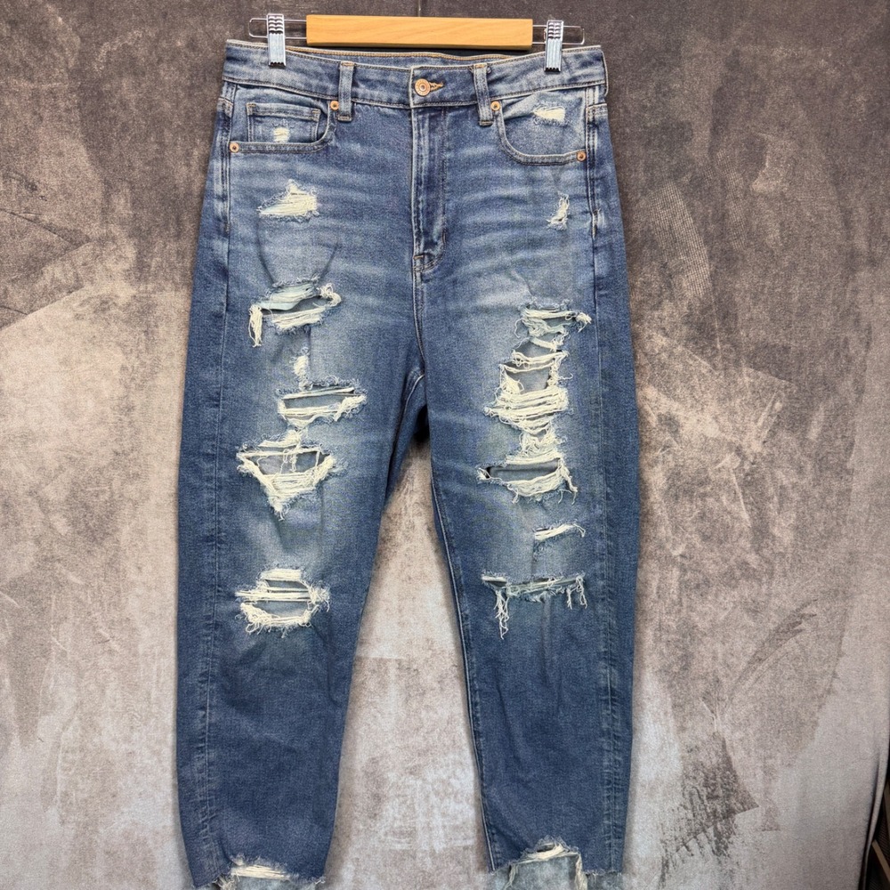 American Eagle Jeans Womens 10 Blue Cotton Blend Mom Fit High Rise Distressed